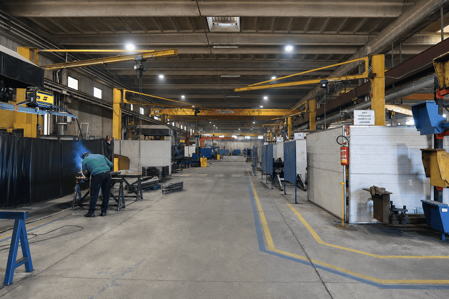 Interno di un'officina industriale con attrezzature e operai al lavoro.